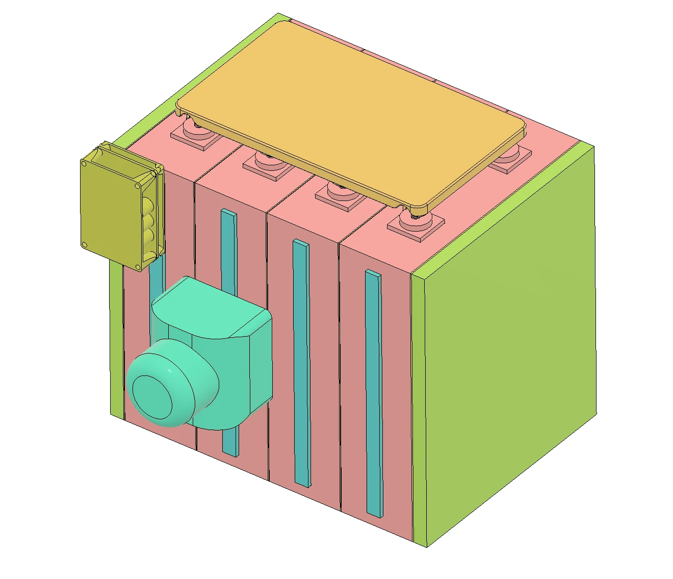 CAD-Gesamtansicht der Bordbatterie mit vier Zellen, eigener Polabdeckung, Gehäuse und angeordneten Komponenten
