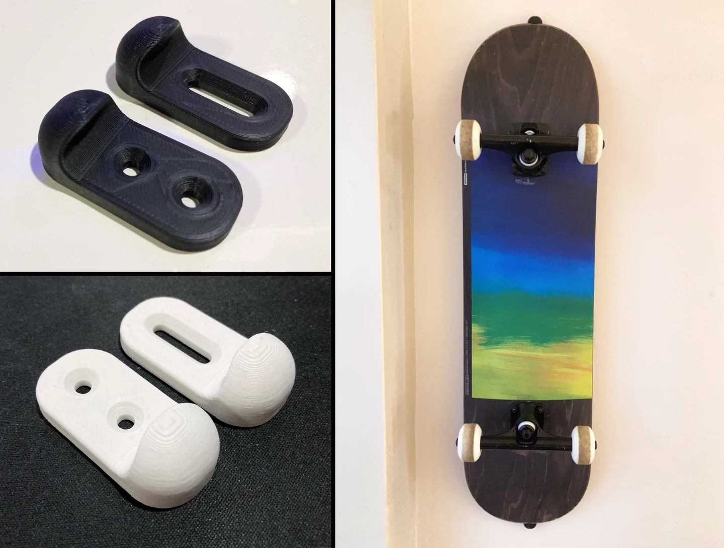 Vorhandene Fotocollage mit schwarzen und weißen zweiteiligen Wandhaltern und einem senkrecht aufgehängten Skateboard